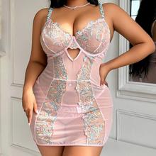 M787跨境大码露背情趣内衣性感吊带睡裙女拼接蕾丝透视睡衣胖MM