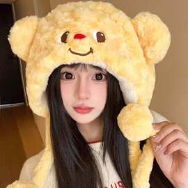 新款卡通小羊加绒加厚毛绒帽子女保暖捏捏耳朵会动护耳帽防寒帽子