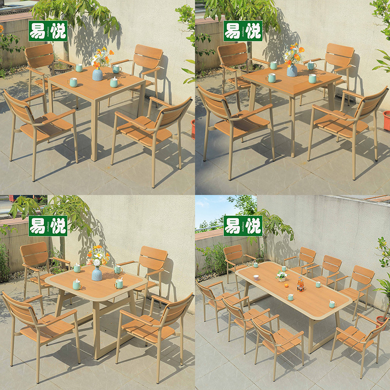 Combinación de mesa y silla de madera de plástico para balcón al aire libre, combinación de mesa y silla de aleación de aluminio para jardín de solárium moderno y simple