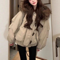 大毛领牛角扣派克服女2025新款美式复古加厚棉服连帽保暖外套女