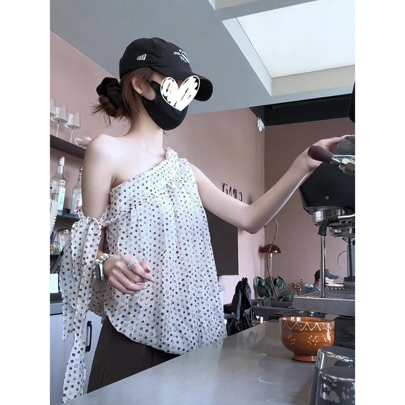 French-Style Gentle Off-The-Shoulder Polka Dot Chiffon Blouse with Bow Tie, Designed for Women, Featuring an Elegant and Stunning Off-The-Shoulder Look