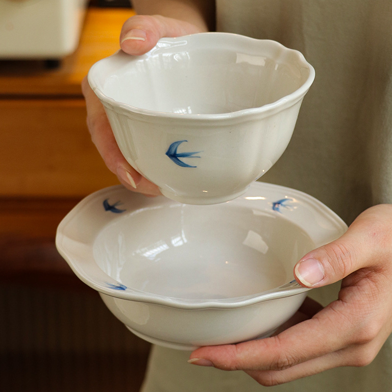 Japanese Style Vintage Swallow Rice Bowl Household Rice Bowl Ceramic Bowl High Color Value Underglaze Bowl Salad Cake Dessert Bowl