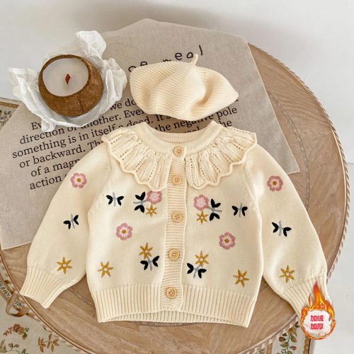 Spring versatile girls' children floral embroidered lotus leaf collar knit long-sleeved open jacket children's clothing