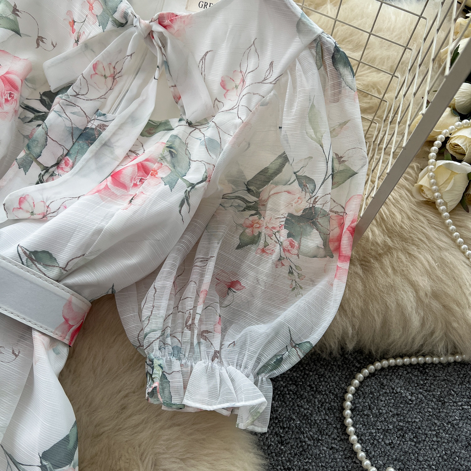 Women's French Romantic Floral Print Dress Summer Korean Style V Neck Tie Up Short Sleeve Waist Cinching A Line Long Skirt Elegant_ecoleips.com