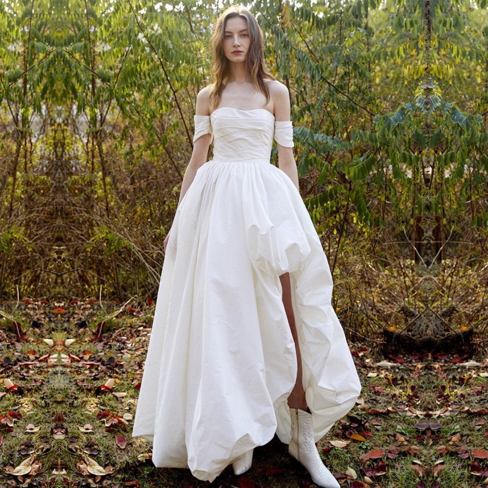 Vestido de boda de taffeta retrógrado frente corto después largo nicho de novia boda al aire libre adelgazamiento de hilo principal viaje de fotos de vestido de boda ligero