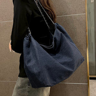 Denim capacious shoulder bag, autumn universal one-shoulder bag, 2023 collection, high-end