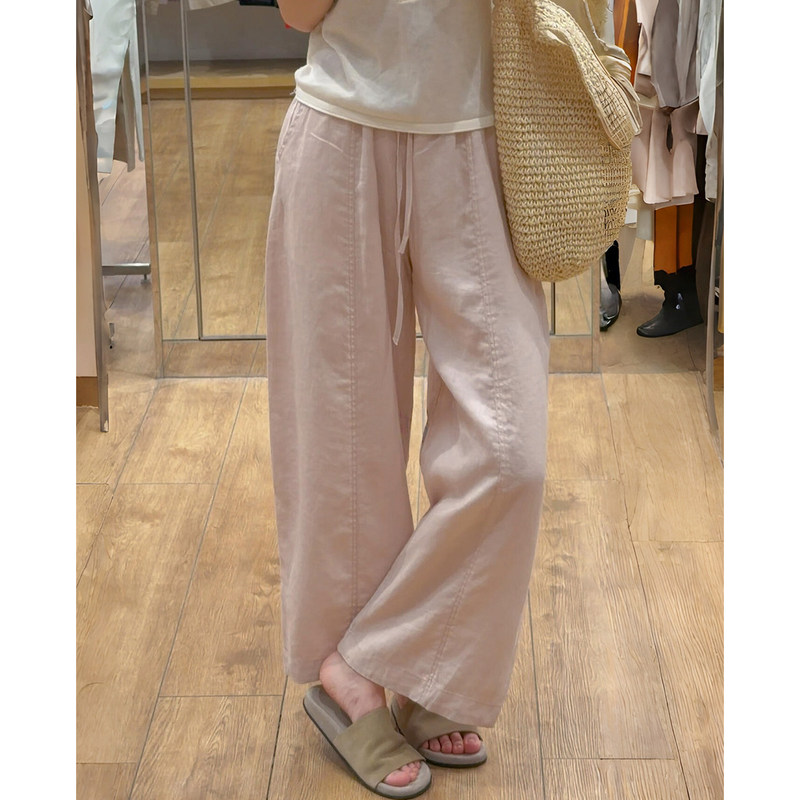 Pink Linen Wide-Leg Pants for Women, Summer Thin Style, 2026 New Drawstring Design, Petite Loose Fit, Slimming Casual Cropped Pants Pink Linen Wide-Leg Pants for Women, Summer Thin Style, 2026 New Drawstring Design, Petite Loose Fit, Slimming Casual Cropped Pants