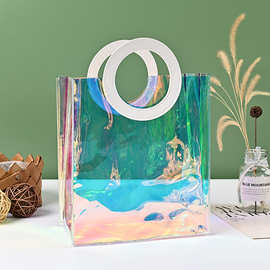 ins透明手提塑料包装袋镭射幻彩PVC沙滩果冻袋购物礼品袋可印log