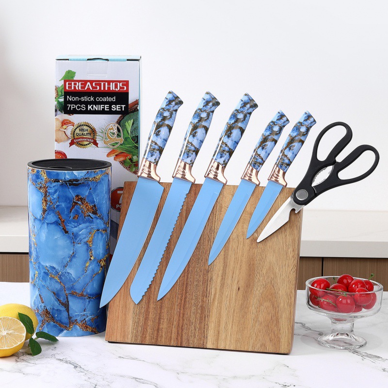 Cuchillos de cocina set de siete piezas mármol dorado base cilíndrica cuchillo de cocina multipropósito cuchillo tijeras set de cuchillos de regalo
