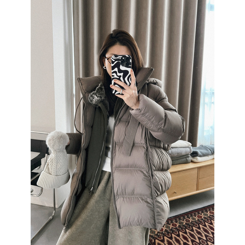 90 White Goose down Designer Mid-Length Simple Women's Quilted Hooded Thickened Autumn and Winter down Jacket for Women