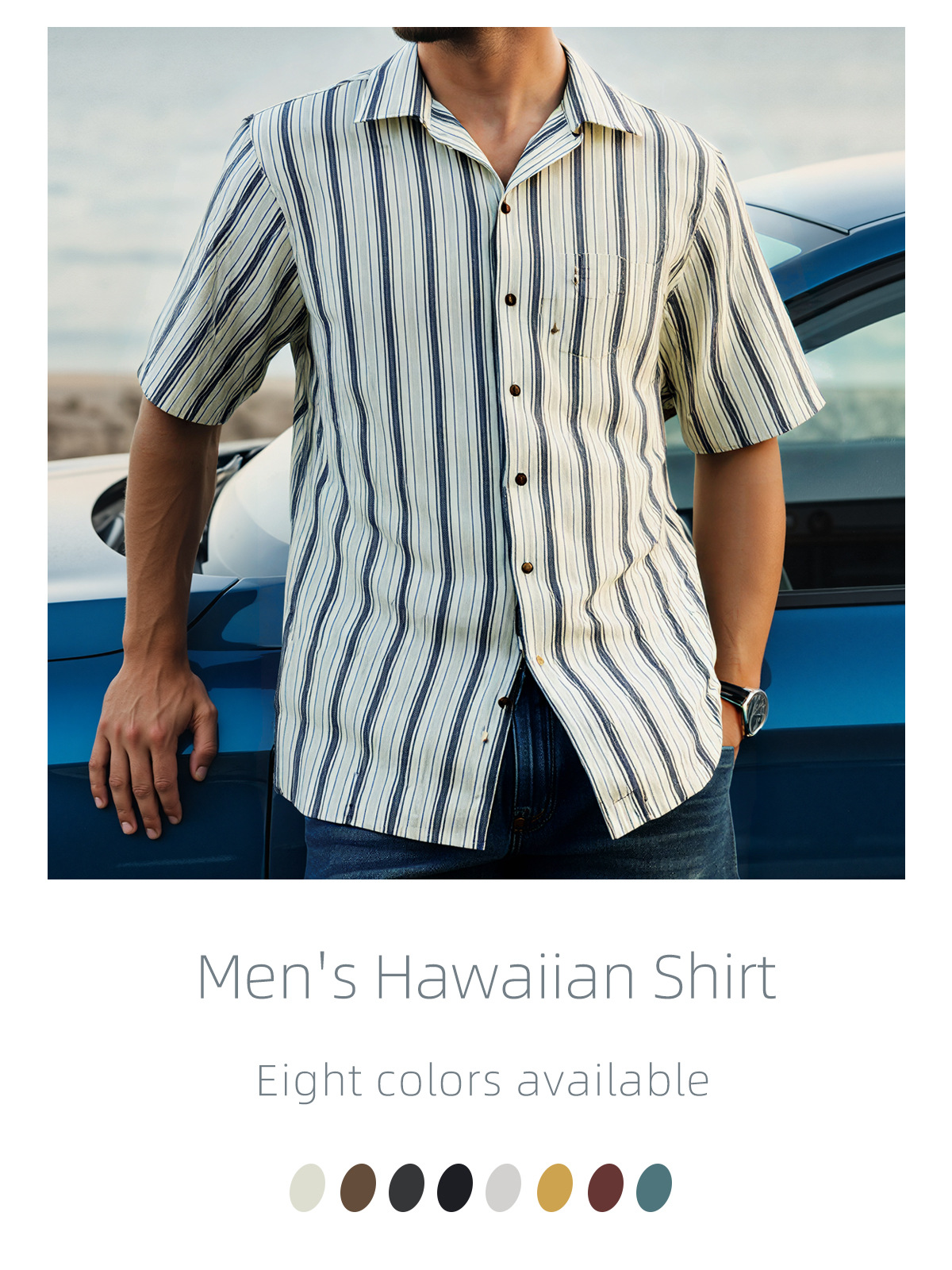 Camisas de manga corta hawaianas personalizadas transfronterizas para hombres cuello cubano a rayas de cuadrícula delgada camisa casual de moda con solapa