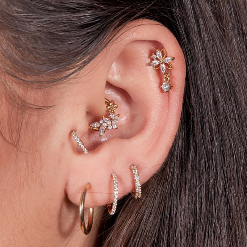 Fashion Leaf Crown Flower Sterling Silver Inlay Zircon Ear Studs 1 Piece