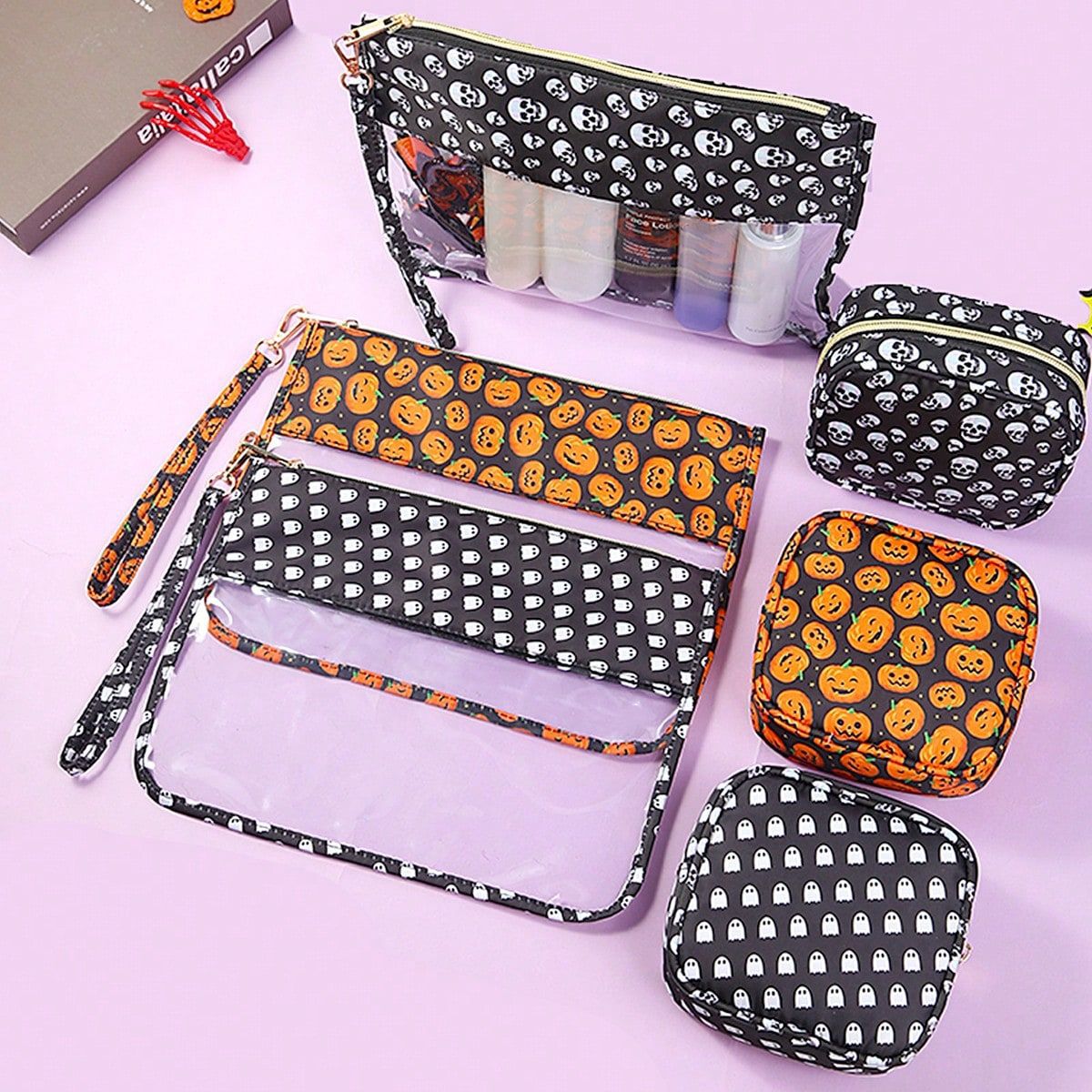 跨境亚马逊万圣节防水透明PVC手提袋 大容量旅行化妆包钱包套装