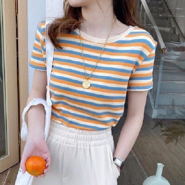 stripe Short sleeved T-shirt lady 2022 summer new pattern Women's wear Self cultivation jacket student Korean Edition Base coat