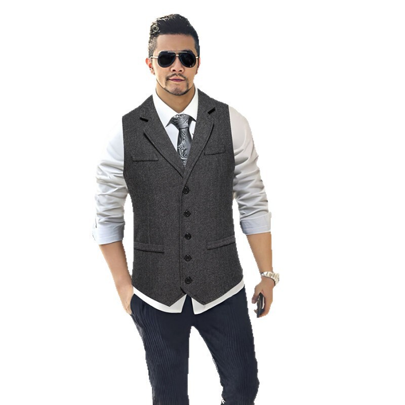Men's Foreign Trade Herringbone Tweed Vest for Autumn and Winter, Vintage Lapel Single-Breasted Casual Vest Men's Foreign Trade Herringbone Tweed Vest for Autumn and Winter, Vintage Lapel Single-Breasted Casual Vest