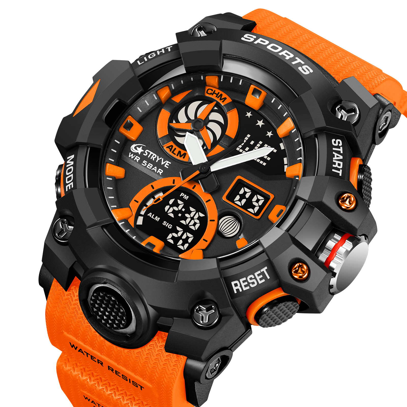 Stryve hombres moda impermeable deporte reloj luminoso electrónico multifuncional cronógrafo reloj una generación 8027