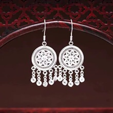 苗族耳环女个性夸张民族风银耳饰复古长款流苏手工编丝银耳钩