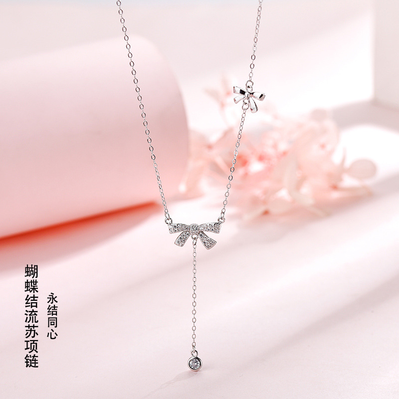S925純銀蝴蝶結流蘇項鍊女輕奢小眾設計高級感吊墜網紅氣質鎖骨鏈