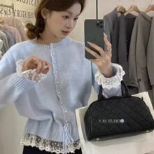 韩系蕾丝花边系带收腰毛衣新款春秋时尚减龄针织圆领针织衫上衣