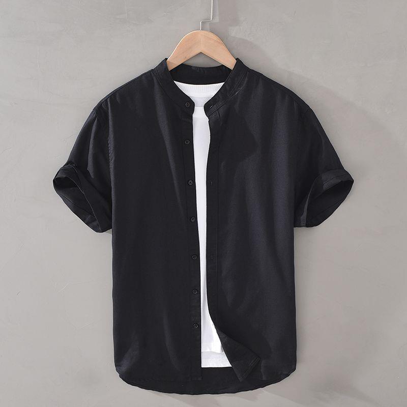 Camisa de algodón y lino de manga corta con cuello alto básico de verano japonés Camisa blanca de lino suelta fresca y delgada para hombre