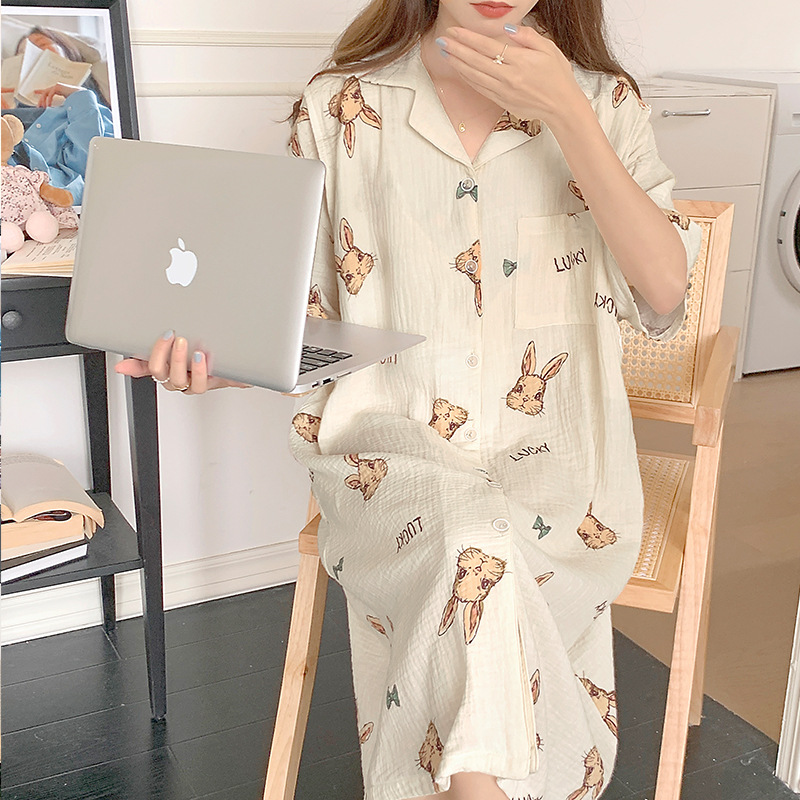 Pregnant women breastfeeding nightgown summer thin short-sleeved pure cotton gauze postpartum clothing pajamas summer maternity check-up dress