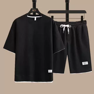 夏季男士运动套装短袖T恤套装休闲跑步假两件华夫格运动服套装