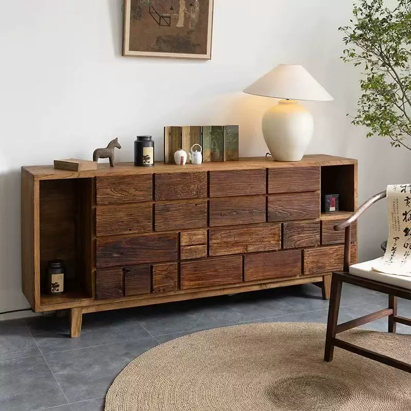 侘寂风老榆木斗柜储物柜家用收纳柜矮柜复古民宿实木餐边柜玄关柜