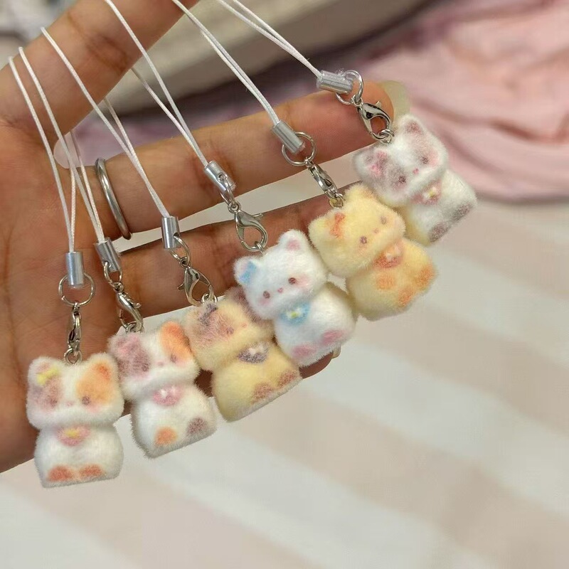 New Cartoon Cute Flocking Stereo Resin Cat Key Chain Bag Pendant Mobile Phone Lanyard Gift Trinket