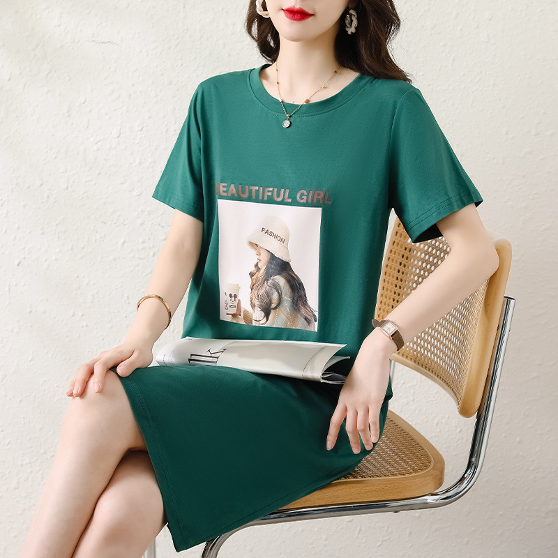 Cotton Long T-shirt Women's Short-sleeved Over-the-knee Round Neck Loose Slimming Casual Belly Covering Printed Solid Color Cotton dress Cotton Long T-shirt Women's Short-sleeved Over-the-knee Round Neck Loose Slimming Casual Belly Covering Printed Solid Color Cotton dress