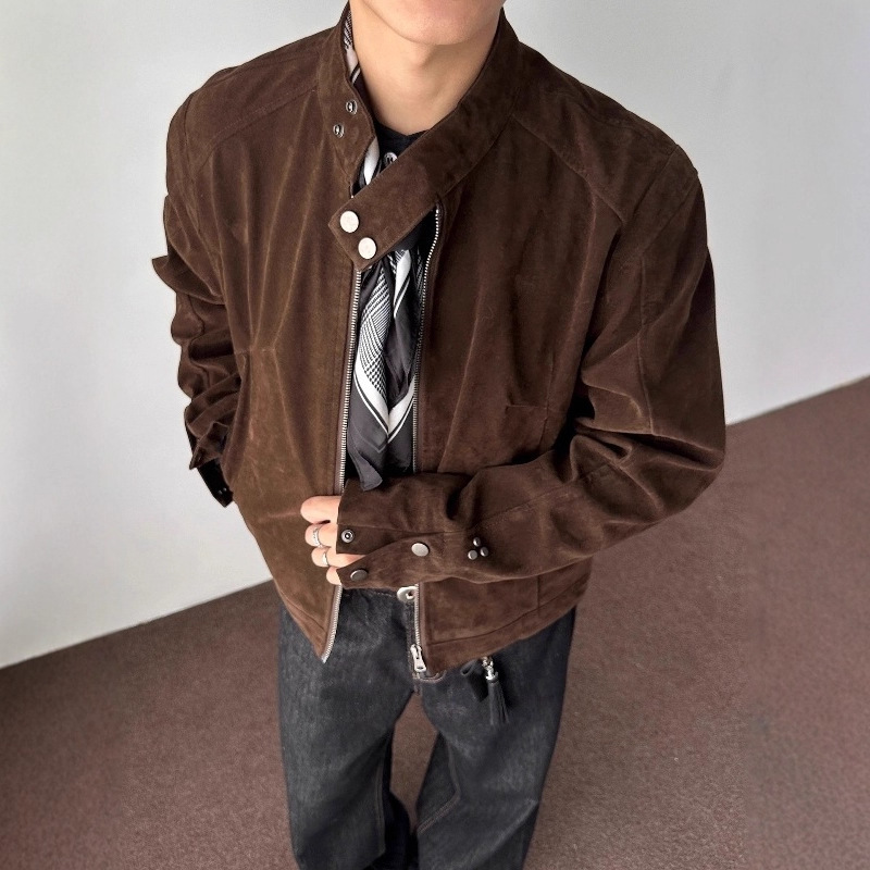 2025 New Retro Leather Stand-Up Collar Jacket Men's Short Autum Trendy American Casual Handsome Top