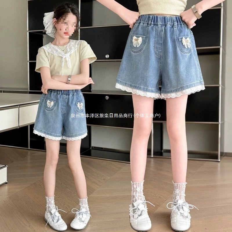 Джинсовые шорты для девочек, лето 2025, новые кружевные свободные универсальные тонкие шорты в корейском стиле для детей старшего возраста