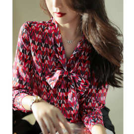 衬衫女长袖秋季2022新款红色洋气蝴蝶结衬衣宽松春秋款雪纺衫上衣