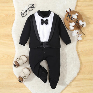 New Baby Boy Suit Jumpsuit Suit Collar Fake Vest Bow Tie Butterfly Gentleman Dress Baby Boy Tuxedo