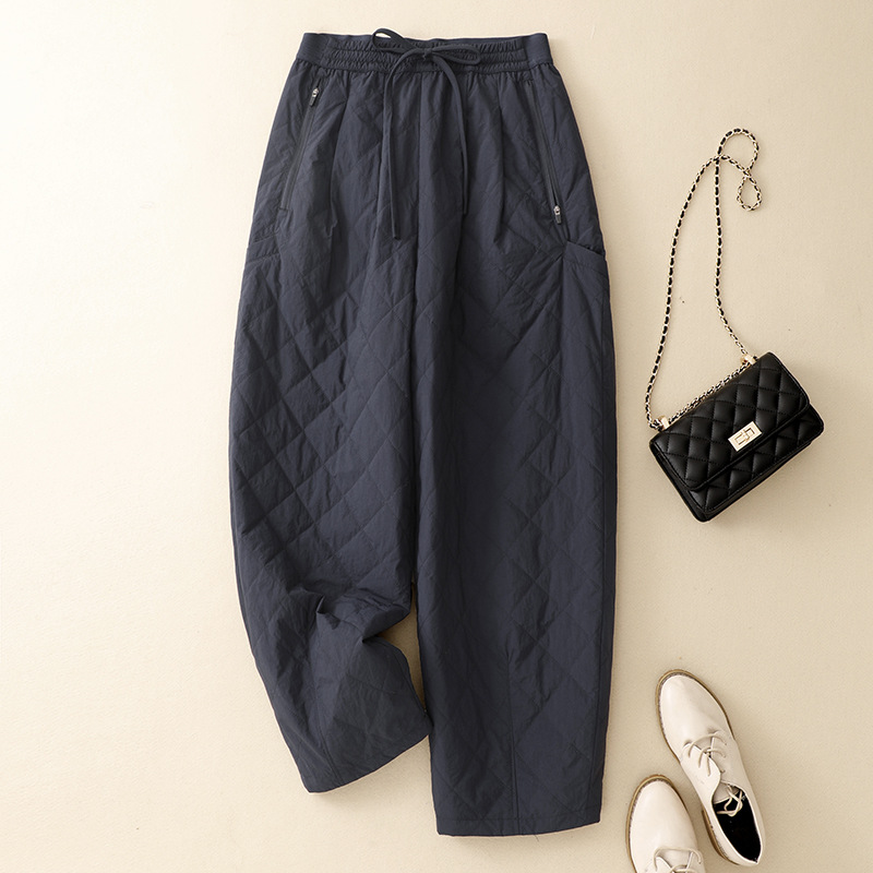 Real shot of cross-border foreign trade: 2026 winter new style loose-fitting warm cotton pants for women, casual straight-leg cropped wide-leg pants
