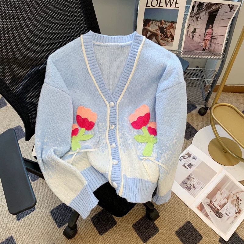Сладкий стиль дизайн с V-образным вырезом цветы вязаный кардиган