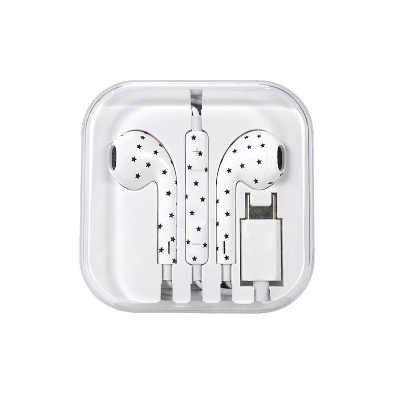 Painted star polka dot macaron wired earphones with in-line controls and microphone, type-c semi-in-ear universal earphones for mobile phones