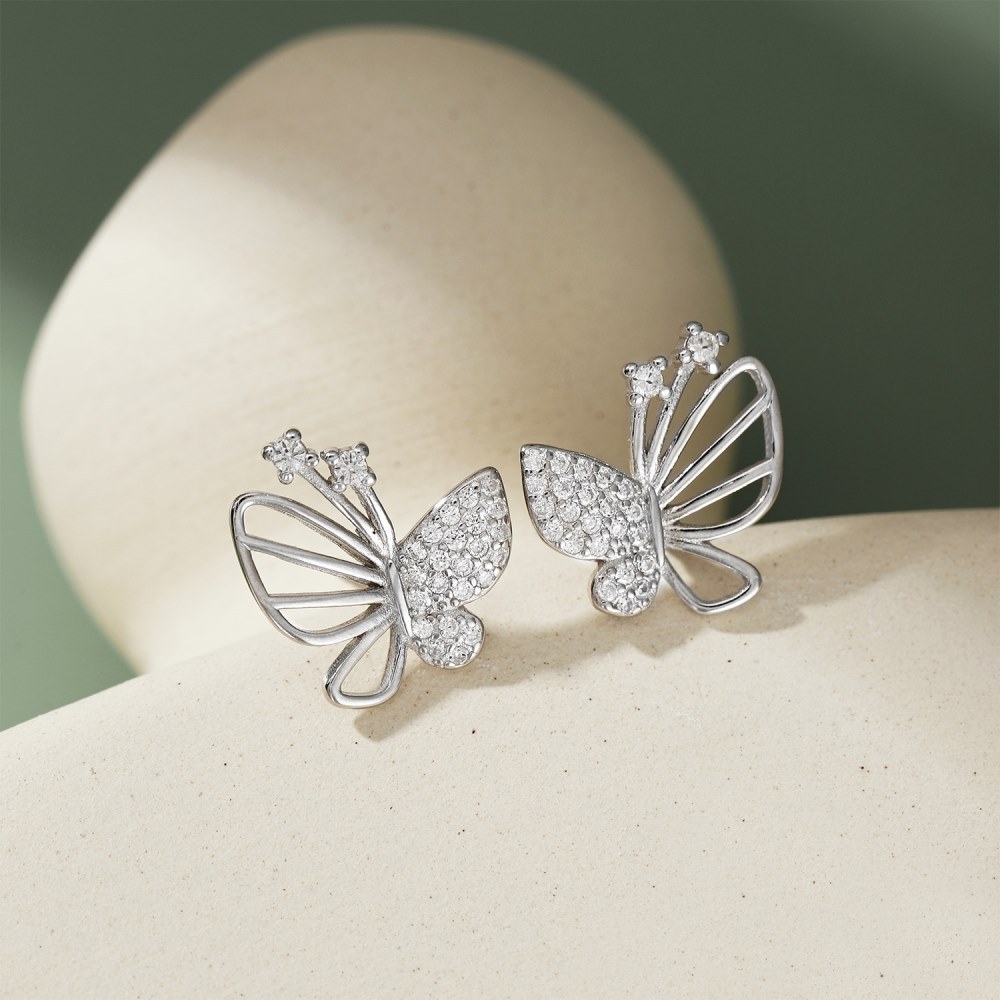 Fairy Style Butterfly Sterling Silver Plating Zircon Ear Studs 1 Pair