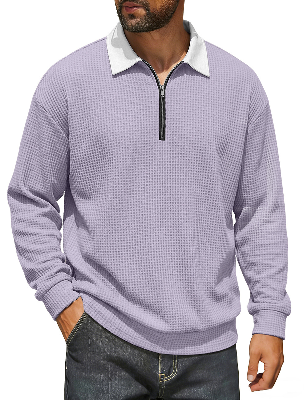 Europa y los Estados Unidos de la nueva primavera de hombres con solapa semiacremallera Waffle color superior americano casual comercio exterior jersey