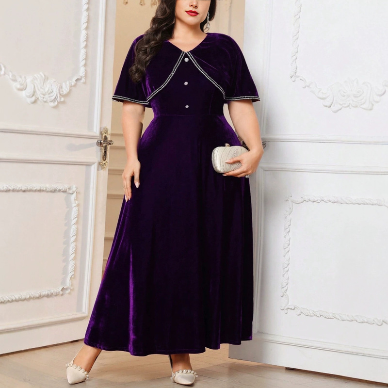 Plus-Size Solid Color A-Line Dress with Contrasting Cape, Long V-Neck Elegant Long Dress