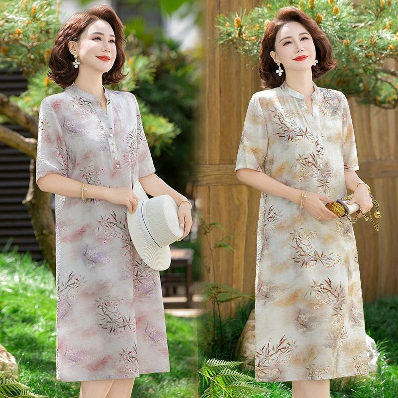 Летнее платье 2025 года, новый стиль, для женщин среднего и старшего возраста, улучшенный чонсам, элегантная юбка для женщин.