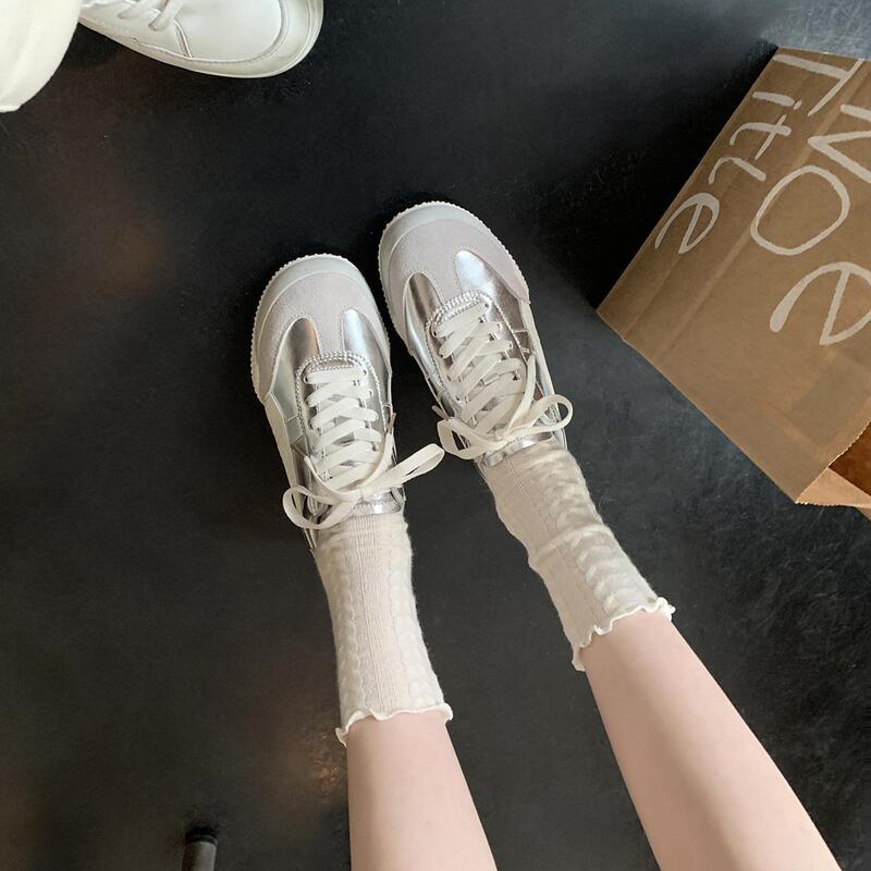 Calf Leather Women's Casual Sneakers with Hidden Height Increase, Versatile Genuine Leather Color-Blocking Miu Style Calf Leather Women's Casual Sneakers with Hidden Height Increase, Versatile Genuine Leather Color-Blocking Miu Style