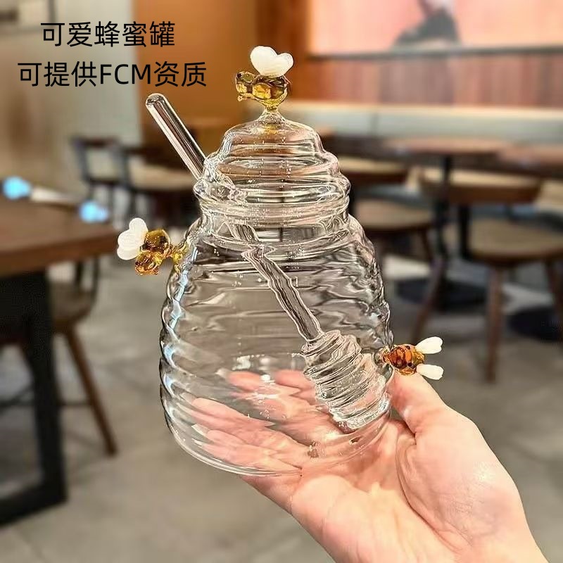 Cute Bee Glass Jar with Stirring Stick, Creative Transparent Household Honey Bottle with Lid, Sealed Jar