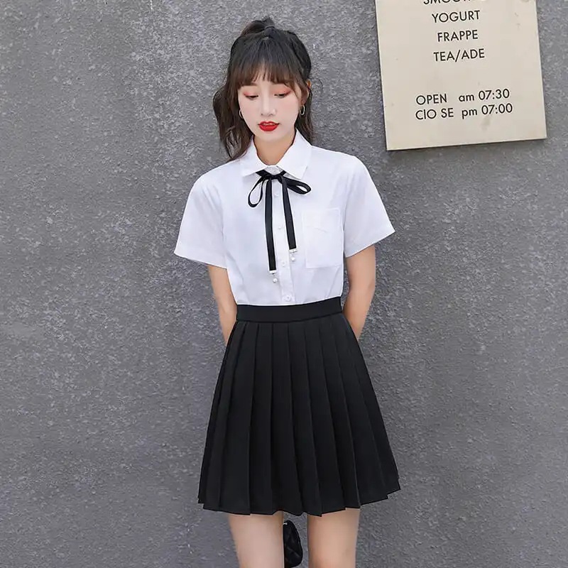 (2개) 원래 JK 솔리드 컬러 스커트 여성 여름 블랙 하이 허리 슬리밍 학생 학업 스타일 짧은 스커트 화이트 톱 세트