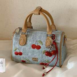 南风Chio2nd 甜心樱桃手提包包女士牛仔蓝波士顿包超火上班小拎包