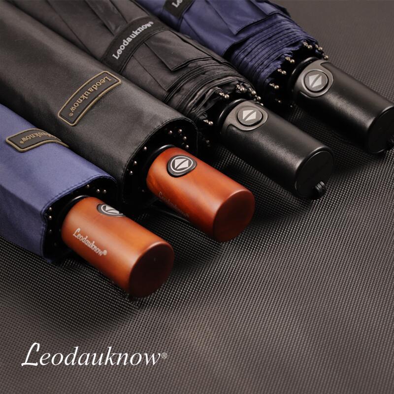 Ostona Full-Automatic Ten-Bone Folding Umbrella Leather Handle Sunny and Rainy Dual-Use Black Rubber Business Men's Sunshade