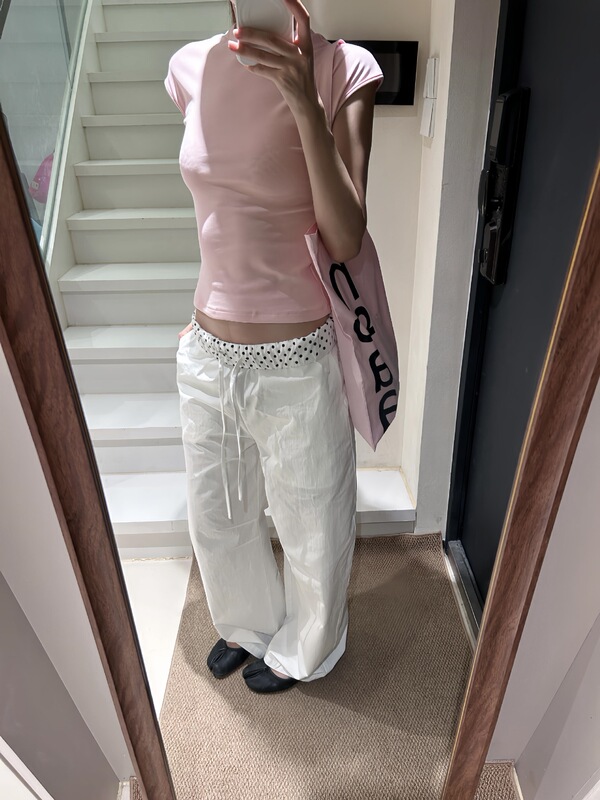 【现货】美式波点腰头拼接休闲阔腿裤女2025夏街头松紧腰白色垂感|undefined