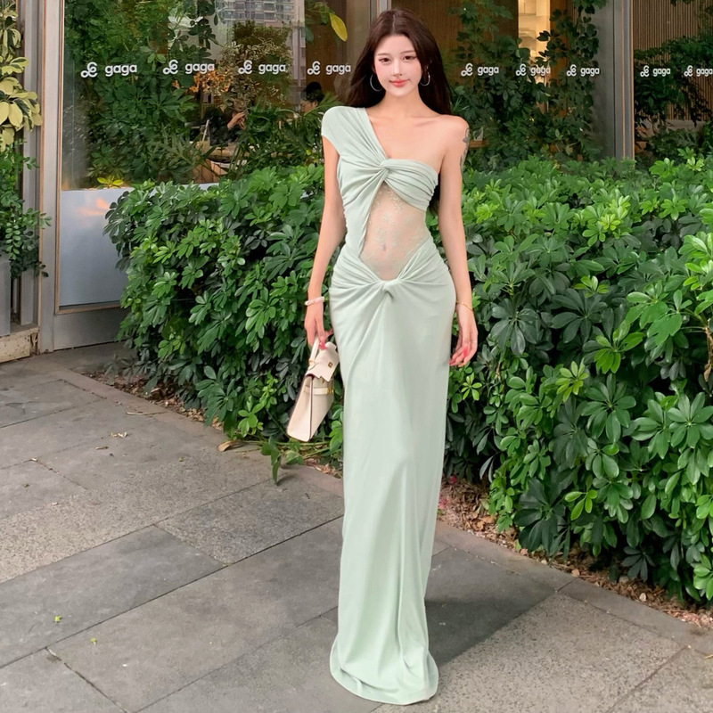 Purely Alluring Resort-Style Green Dress with a Unique Design, One-Shoulder Twist, Lace Patchwork, and Sexy Long Dress for Women