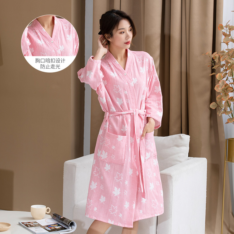Pure Cotton Bathrobe Women's Thin Double-layer Gauze Spring and Summer Couple's Bathrobe Absorbent Quick-drying Skin Care SPA LOGO Pajamas