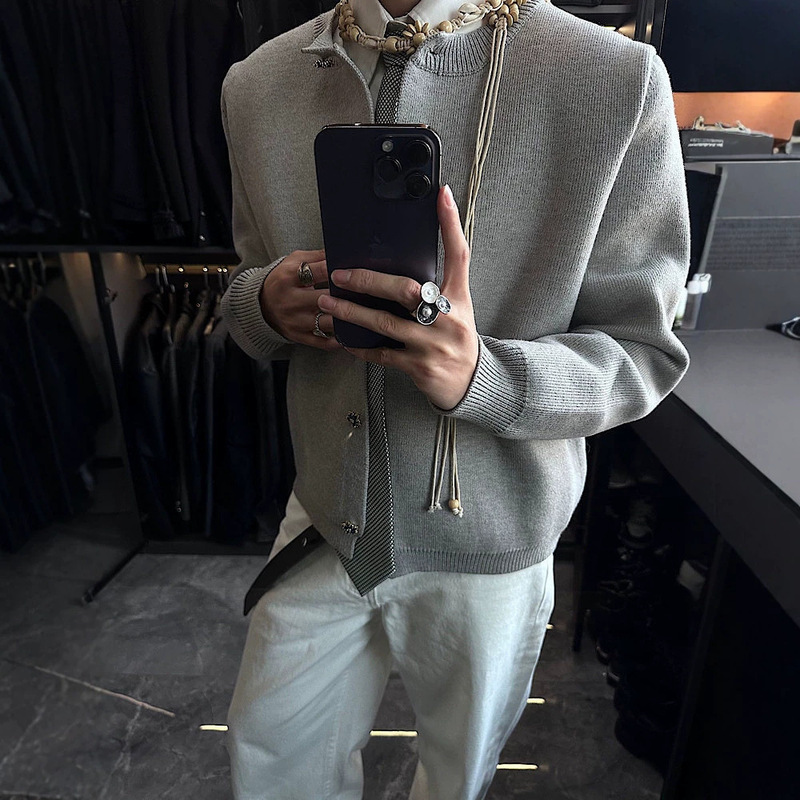 Cross-border old money style Jersey gray rhinestone button sweater, cleanfit atmosphere, old money knit cardigan jacket, trendy