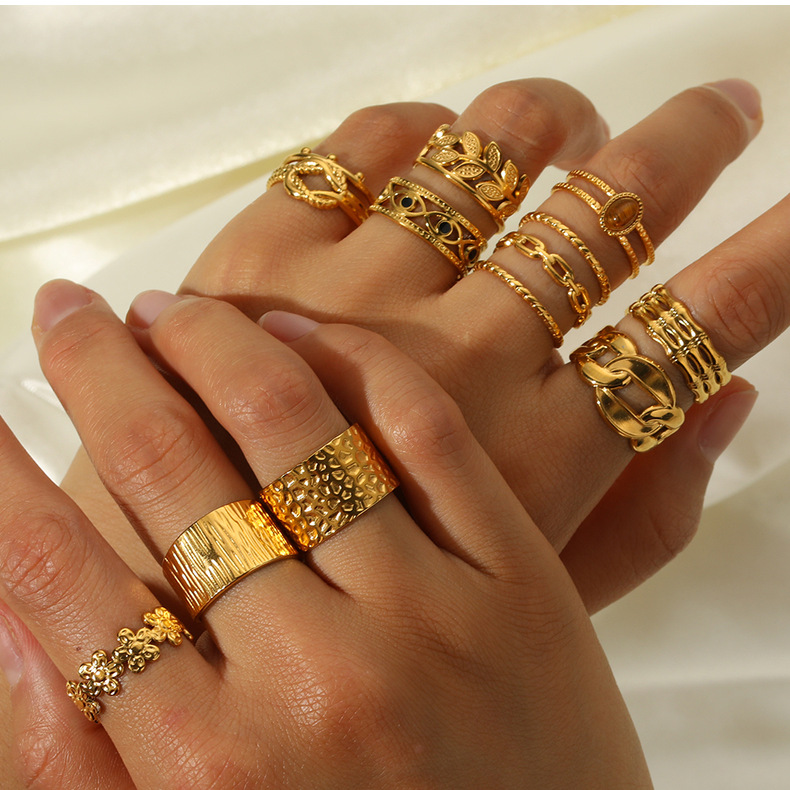 Stainless Steel 18K Gold Plated Ethnic Style Streetwear Plating Geometric Natural Stone Open Ring display picture 2